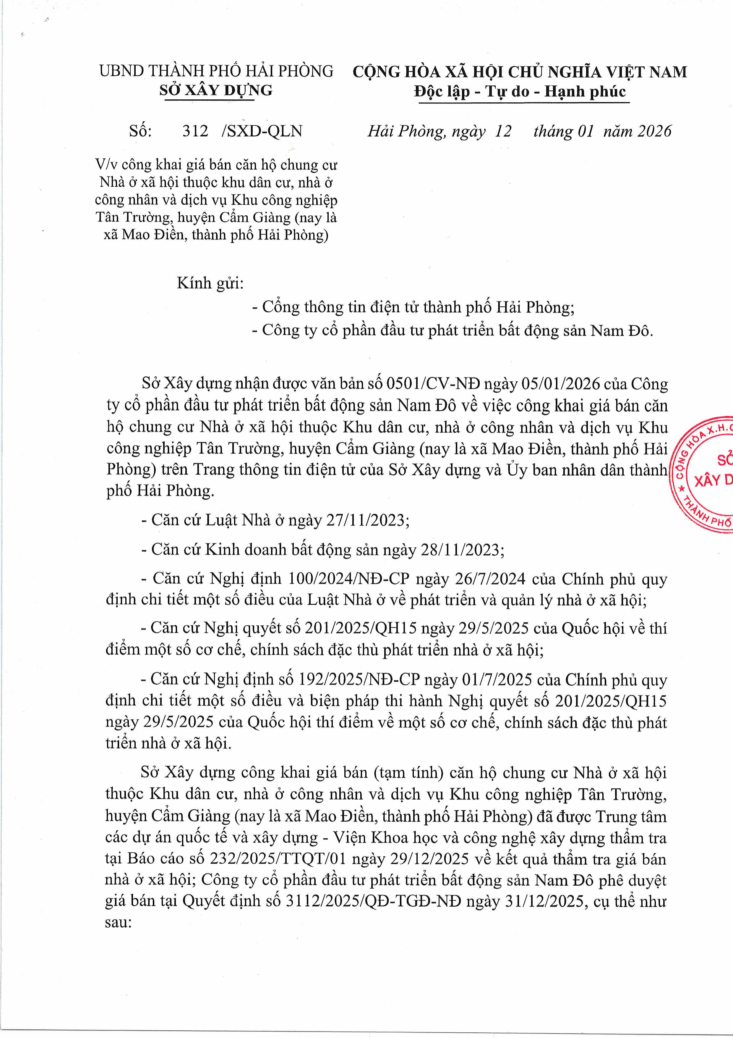 Sở xây dưng công khai giá bán